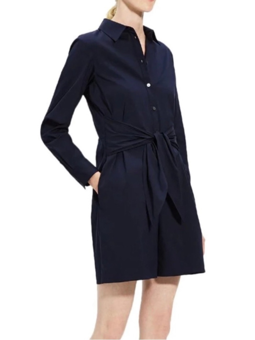 Theory Navy Blue Shirt Romper Tie Waist Long Sleeve Button Front Stretch Size 6